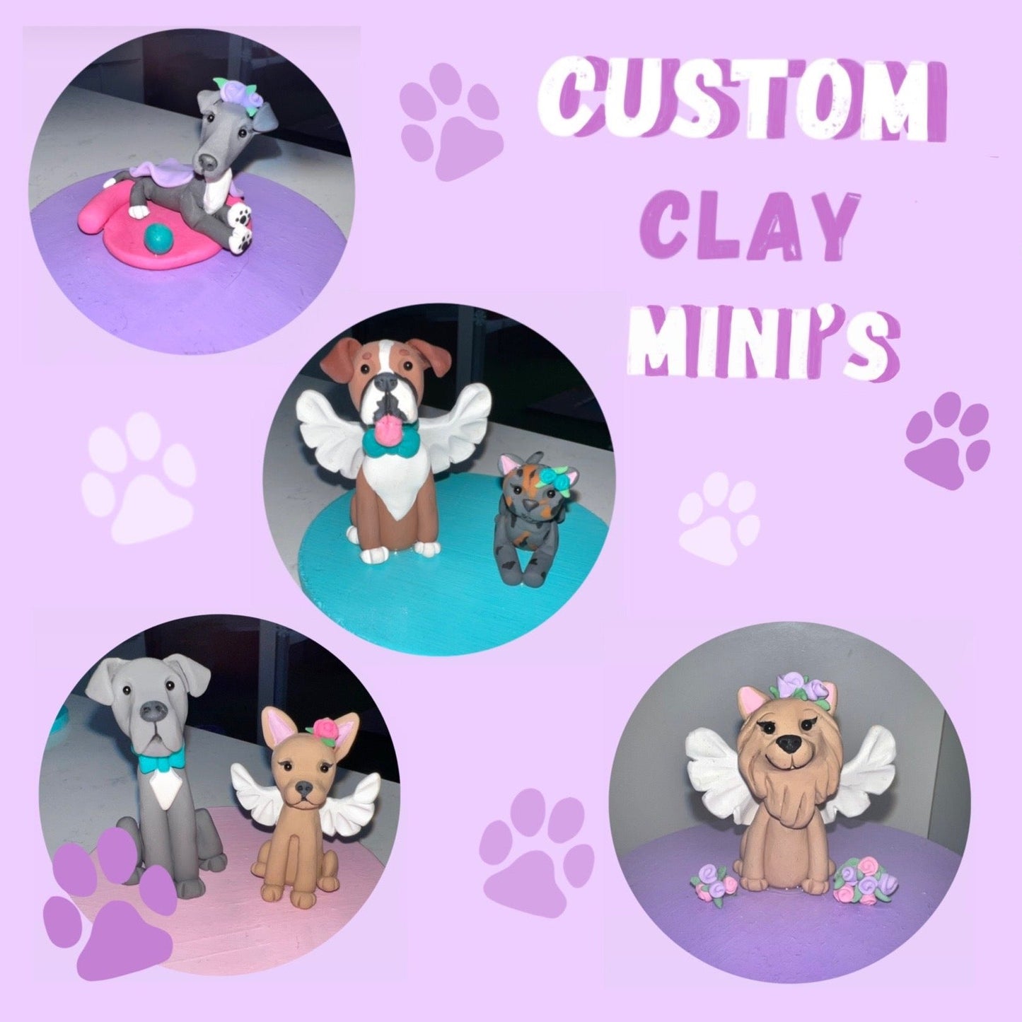 pictures of clay mini sculptures of dogs and cats.